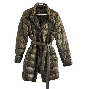 Tumi Pax Long Belted Puffer Coat Olive Packable Neck Pillow Down Jacket L